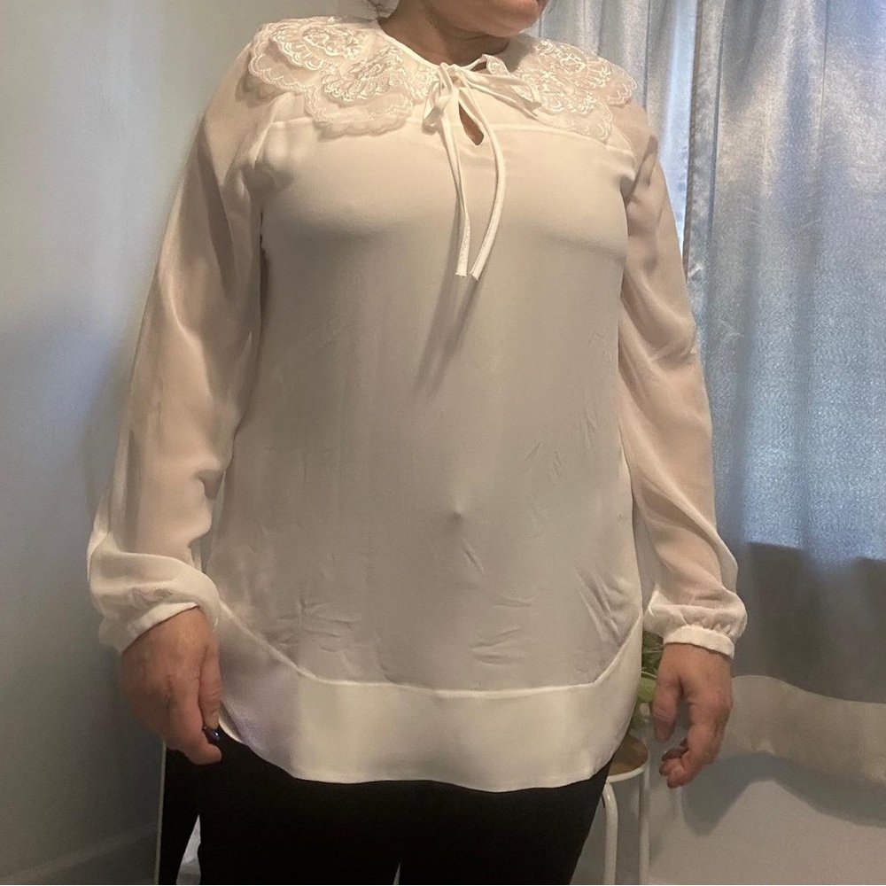 Elegant Cream Blouse with Puff Sleeves and Tie Front